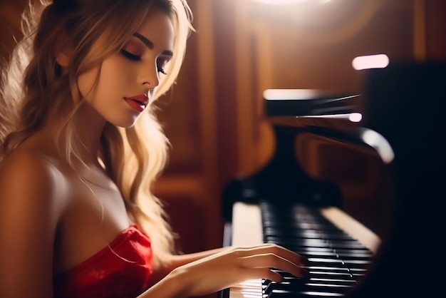 Nahaufnahme einer wunderschönen Frau, die Klavier spielt