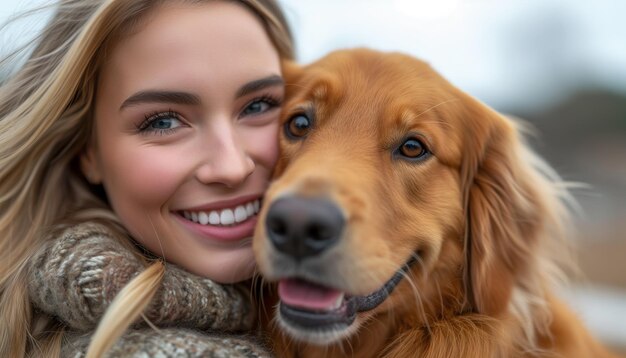 Nahaufnahme einer wunderschönen Frau und ihres Retrievers.