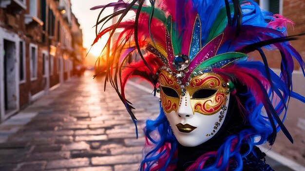 Nahaufnahme einer wunderschönen Karnevalsmaske auf einer Straße in Venedig