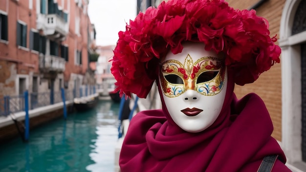 Nahaufnahme einer wunderschönen Karnevalsmaske auf einer Straße in Venedig