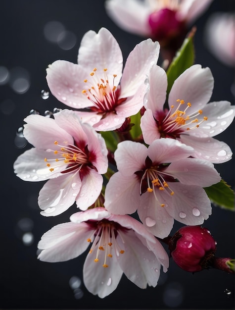 Nahaufnahme einer wunderschönen Kirschblüte mit Wassertropfen