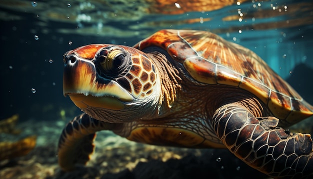 Nahaufnahme einer wunderschönen, vom Aussterben bedrohten Meeresschildkröte, die unter Wasser schwimmt, erzeugt durch künstliche Intelligenz