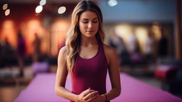 Nahaufnahme einer Yogamatte und einer Frau im Hintergrund