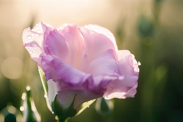 Nahaufnahme einer zarten Eustoma-Blüte mit Tautropfen und Morgensonne