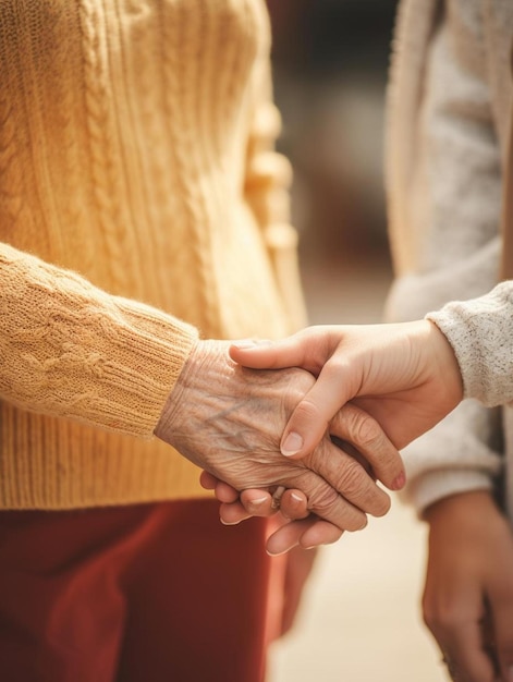 Nahaufnahme einer zarten Geste zwischen zwei Generationen. Junge Frau hält sich an die Hand mit einer älteren Dame.