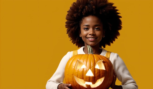 Nahaufnahme eines Afro-Mädchens mit lockigem Haar, das einen geschnitzten Kürbis mit traditionellem Jack-O-Lantern-Gesicht hält