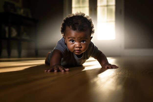 Nahaufnahme eines afroamerikanischen Babys, das auf dem heimischen Boden krabbelt