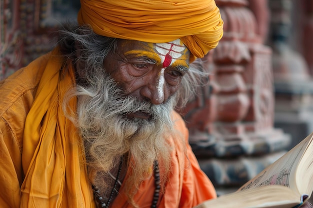 Nahaufnahme eines alten indischen Sadhu-Heiligen, der in der Nähe des Tempels sitzt und heilige Texte liest