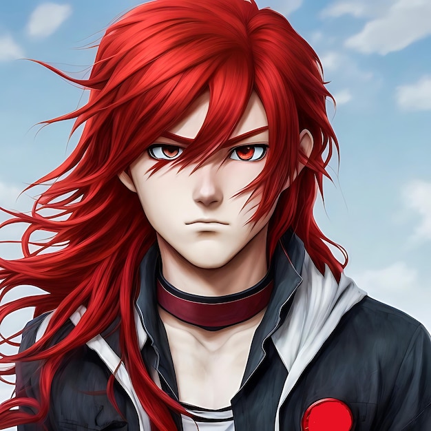 Foto nahaufnahme eines anime-jungen mit langen roten haaren, generative ki