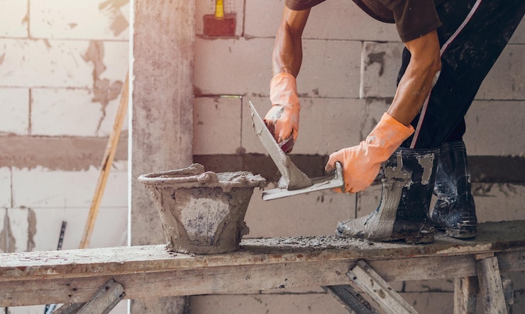 Foto nahaufnahme eines arbeiters, der eine zementwand für den hausbau verputzt
