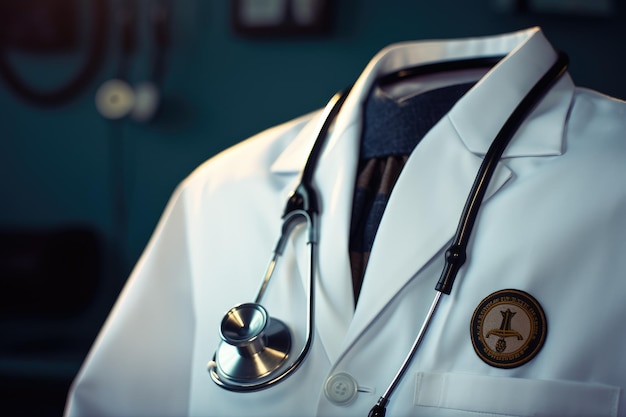 Foto nahaufnahme eines arztmantels und eines stethoskops nahaufzeichnung eines stethoskops auf einer medizinischen uniform ki generiert