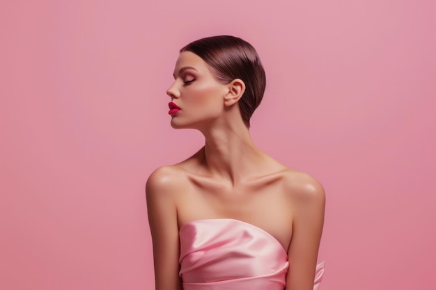 Nahaufnahme eines atemberaubenden Portraits einer Frau in einem eleganten rosa Kleid auf einem passenden Hintergrund, das in einem Studio aufgenommen wurde