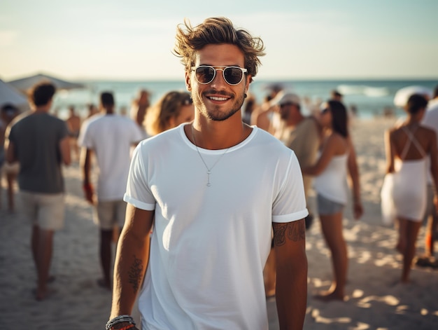 Nahaufnahme eines attraktiven jungen Mannes im weißen T-Shirt, der am Strand steht. Generative KI