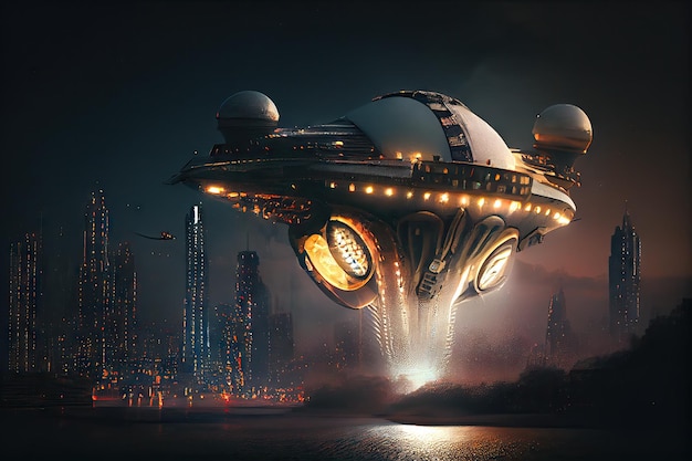 Nahaufnahme eines außerirdischen Schiffes, das mit herabscheinenden Lichtern über der Stadt schwebt
