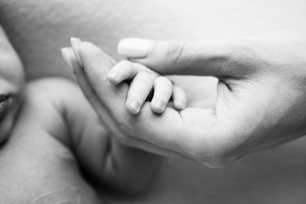 Nahaufnahme eines baby39s kleine Hand mit winzigen Fingern und Arm der Mutter Neugeborenes Baby hält den Finger der Eltern nach der Geburt Die Bindung zwischen Mutter und Kind Glückliches Familienkonzept Schwarz und weiß