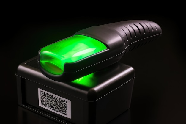 Nahaufnahme eines Barcodescanners mit grünem LED-Licht, das einen QR-Code auf einem glänzenden Produkt beleuchtet