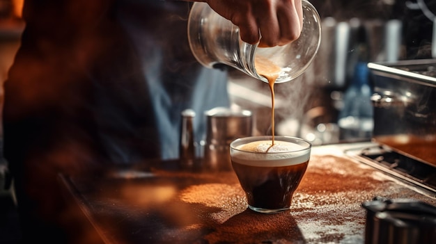 Nahaufnahme eines Baristas, der leckeren Kaffee zubereitet