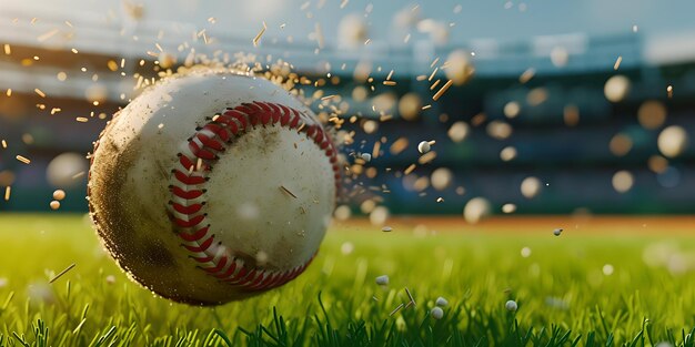 Nahaufnahme eines Baseballballs, der den Boden trifft, Wasser, das im Hintergrund um das Stadion spritzt, perfekt für Sportwerbung KI