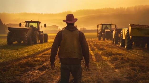 Nahaufnahme eines Bauern, der den Maschinenwagen betrachtet, der in Farm Gold Sunrise arbeitet