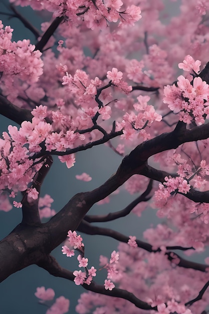 Nahaufnahme eines Baumzweigs mit generativen rosa Blüten