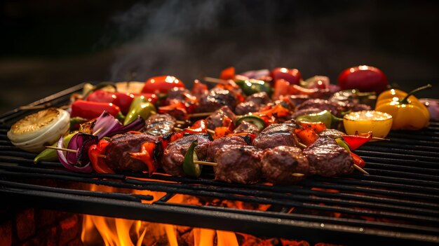 Nahaufnahme eines BBQ-Grills mit brutzelndem Fleisch und Gemüse