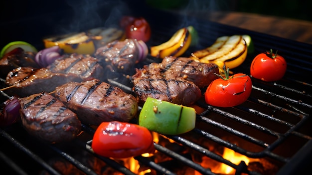 Nahaufnahme eines BBQ-Grills mit brutzelndem Fleisch und Gemüse