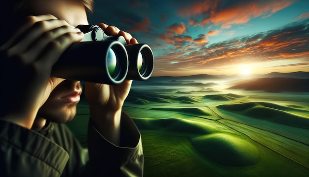 Nahaufnahme eines Beobachters mit vor die Augen gedrücktem Fernglas, der aufmerksam eine üppige, grüne Landschaft absucht