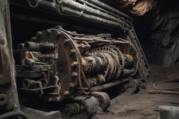 Nahaufnahme eines Bergbaubohrers mit sichtbaren Schächten und Tunneln