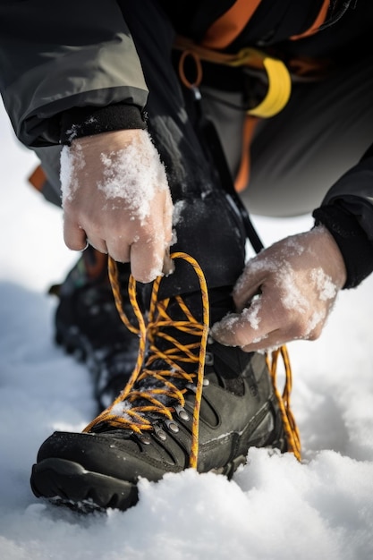 Nahaufnahme eines Bergsteigers, der seine Stiefel bindet, erstellt mit generativer KI