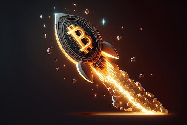 Nahaufnahme eines Bitcoin-Raketenschiffs mit generativer KI darauf