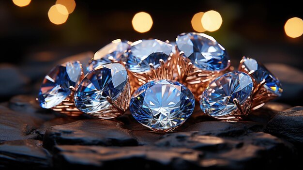 Nahaufnahme eines blauen Diamanten liegt auf einem Tisch vor einem Spiegel