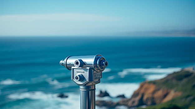 Nahaufnahme eines blauen Teleskop-Aussichtspunkts mit Blick auf das Meer