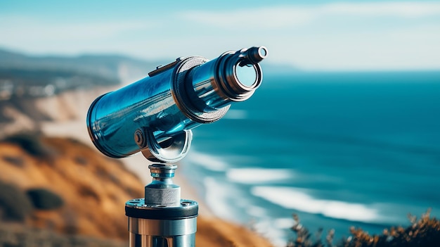 Nahaufnahme eines blauen Teleskop-Aussichtspunkts mit Blick auf das Meer