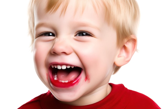 Nahaufnahme eines blonden kaukasischen Jungen, der mit einem karamellbedeckten, unordentlichen Mund lacht und einen roten Hoodie trägt