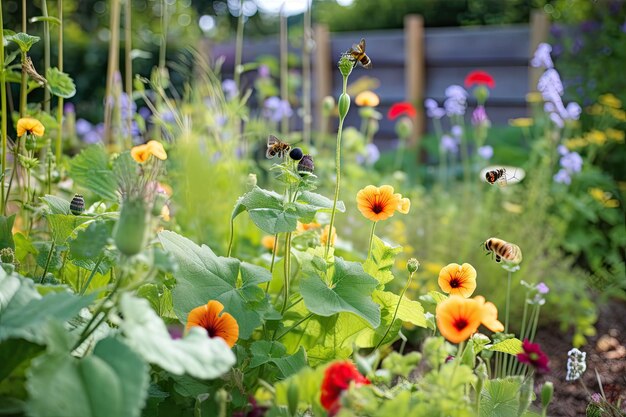 Foto nahaufnahme eines blühenden gemüsebeets mit bienen und schmetterlingen im hintergrund