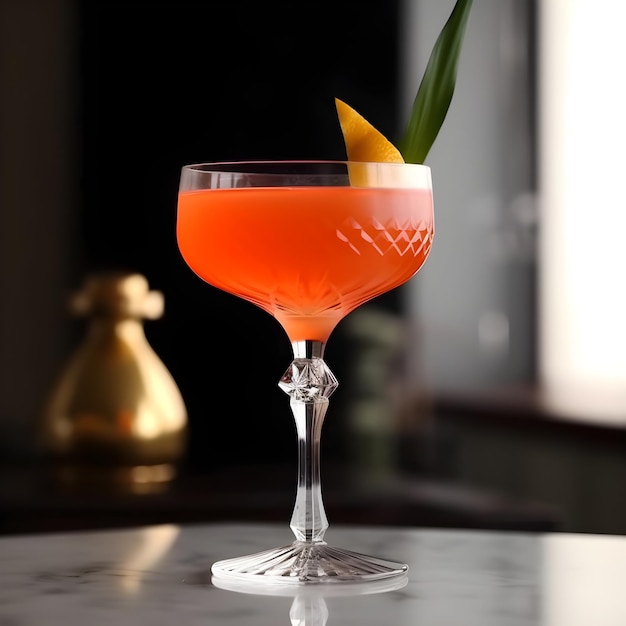 Nahaufnahme eines blutigen Orangenalkoholcocktails in einem stilvollen Weinglas auf einer Bartheke vor dem Fenster. Trendiger erfrischender italienischer kalter Orangencocktail. Generative KI