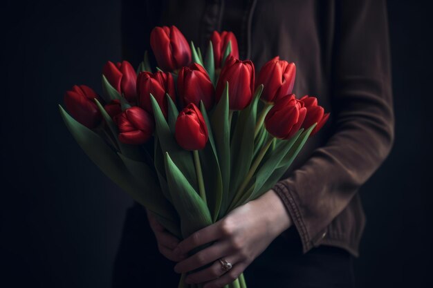 Nahaufnahme eines Bouquets roter Tulpen in den Händen eines Mädchens in einer Bluse auf einem dunklen Hintergrund