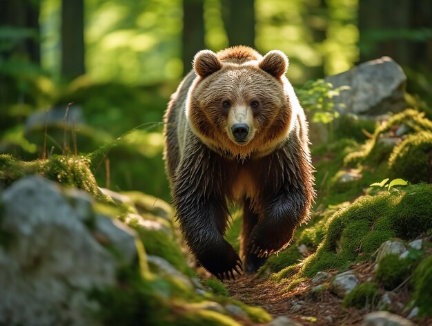 Nahaufnahme eines Braunbären im Wald auf einer Steinstraße