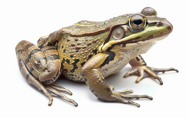 Nahaufnahme eines braunen Frosches mit strukturierter Haut, fokussierten Augen und ausgestreckten Gliedmaßen