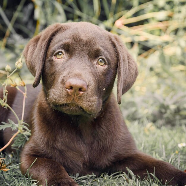 Foto nahaufnahme eines braunen labrador-retrievers, der auf dem feld sitzt