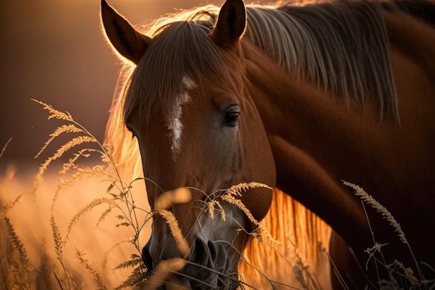 Nahaufnahme eines braunen Pferdes, das auf einem Feld steht, das mit generativer KI-Technologie erstellt wurde