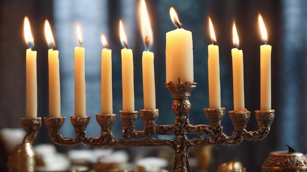 Nahaufnahme eines brennenden Chanukah-Kandelstandes mit Kerzenmenorah