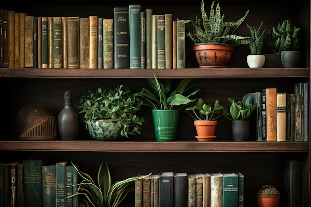 Nahaufnahme eines Bücherregals mit einer Anordnung aus Büchern, Zimmerpflanzen und Dekorationsgegenständen