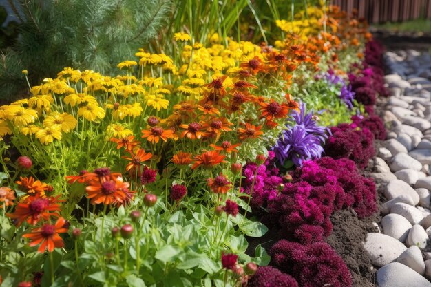 Nahaufnahme eines bunten Blumenbeets mit frisch gezogenem Unkraut