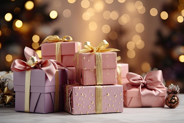 Nahaufnahme eines bunten Stapels von Geschenkboxen in der Nähe des Fensters in dem Raum, in dem ein Weihnachtsbaum steht