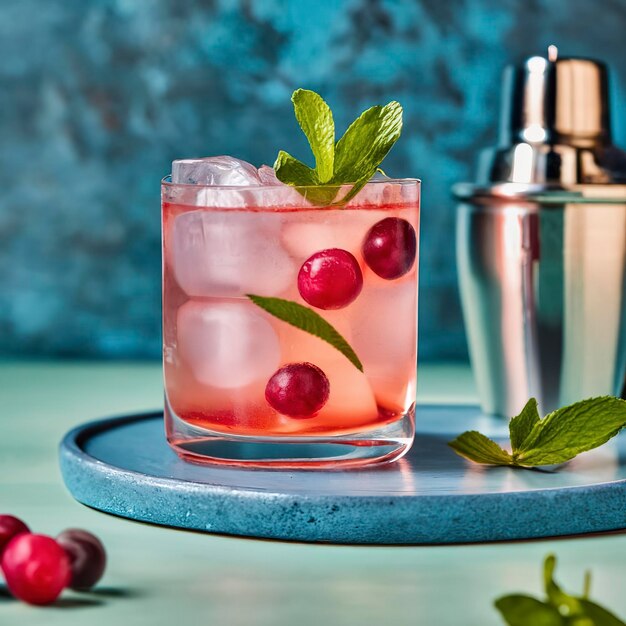 Nahaufnahme eines Cape Cod Cocktail oder Wodka Cranberry auf einem Blau