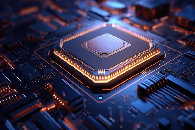Nahaufnahme eines CPU-Chips mit leuchtenden Schaltkreisen, einer elektronischen Leiterplatte mit glühenden Lichtern, generativer Ai