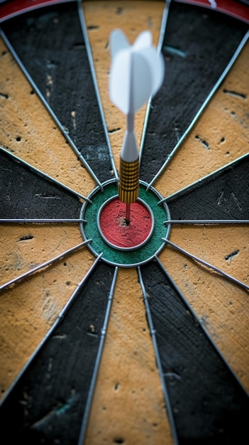 Foto nahaufnahme eines darts, der ins schwarze trifft und dabei präzise auf den erfolg abzielt