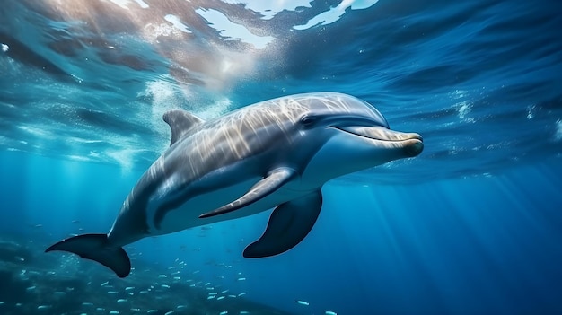Nahaufnahme eines Delphins, der im klaren Ozean schwimmt Natürlicher Hintergrund mit wunderschönem Licht