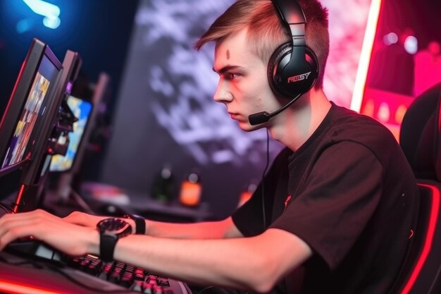 Nahaufnahme eines E-Sport-Spielers mit einer Gaming-Maus und -Tastatur, die mit generativer KI erstellt wurden